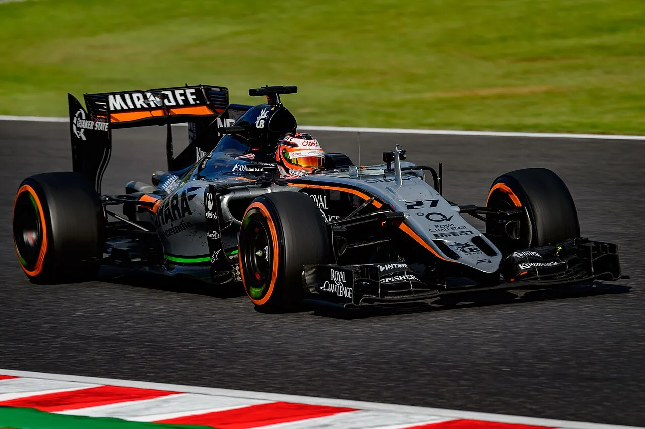 La Force India VJM08 pilotée par Nico Hülkenberg lors de la saison 2015 de Formule 1